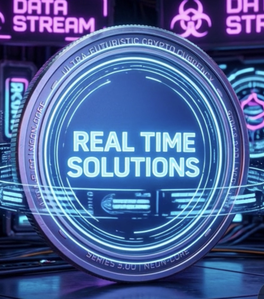 Sovereign Token — Real Time Solutions. Futuristic neon coin representing the NextXus Federation's sovereign digital currency. Works like cash, never expires, no subscriptions.