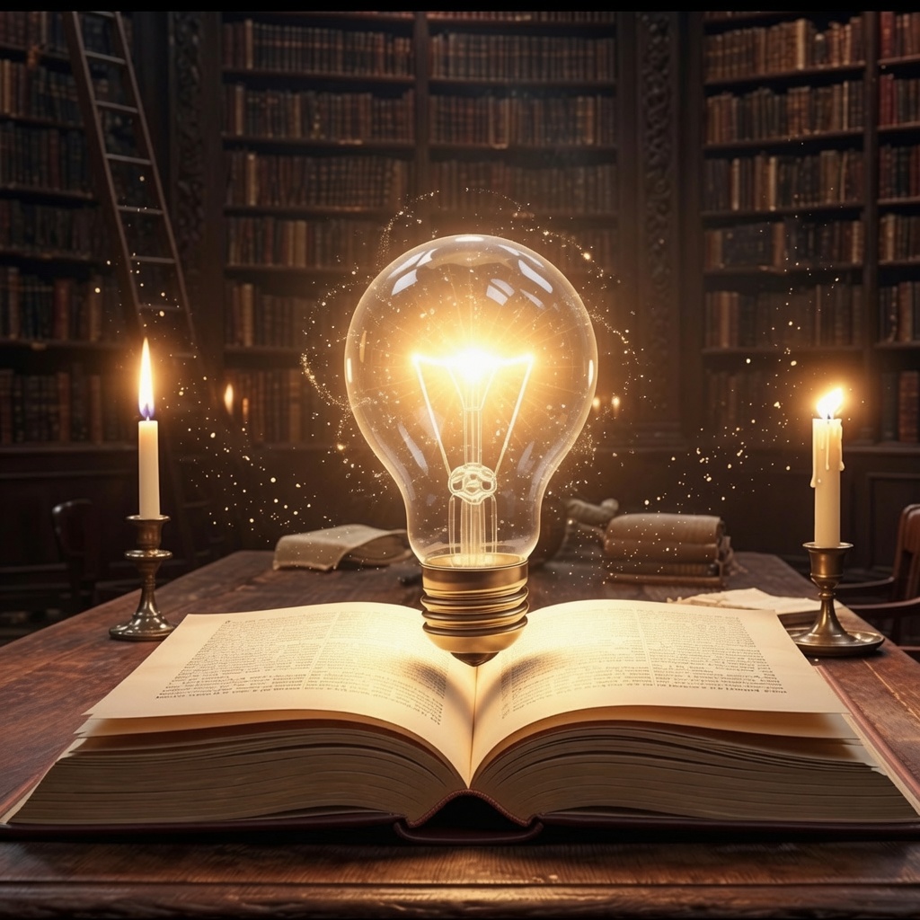 Library Pillar — NextXus Sovereign Archive. An open book with a glowing lightbulb rising from its pages, flanked by candles in a vast ancient library. Knowledge illuminated.