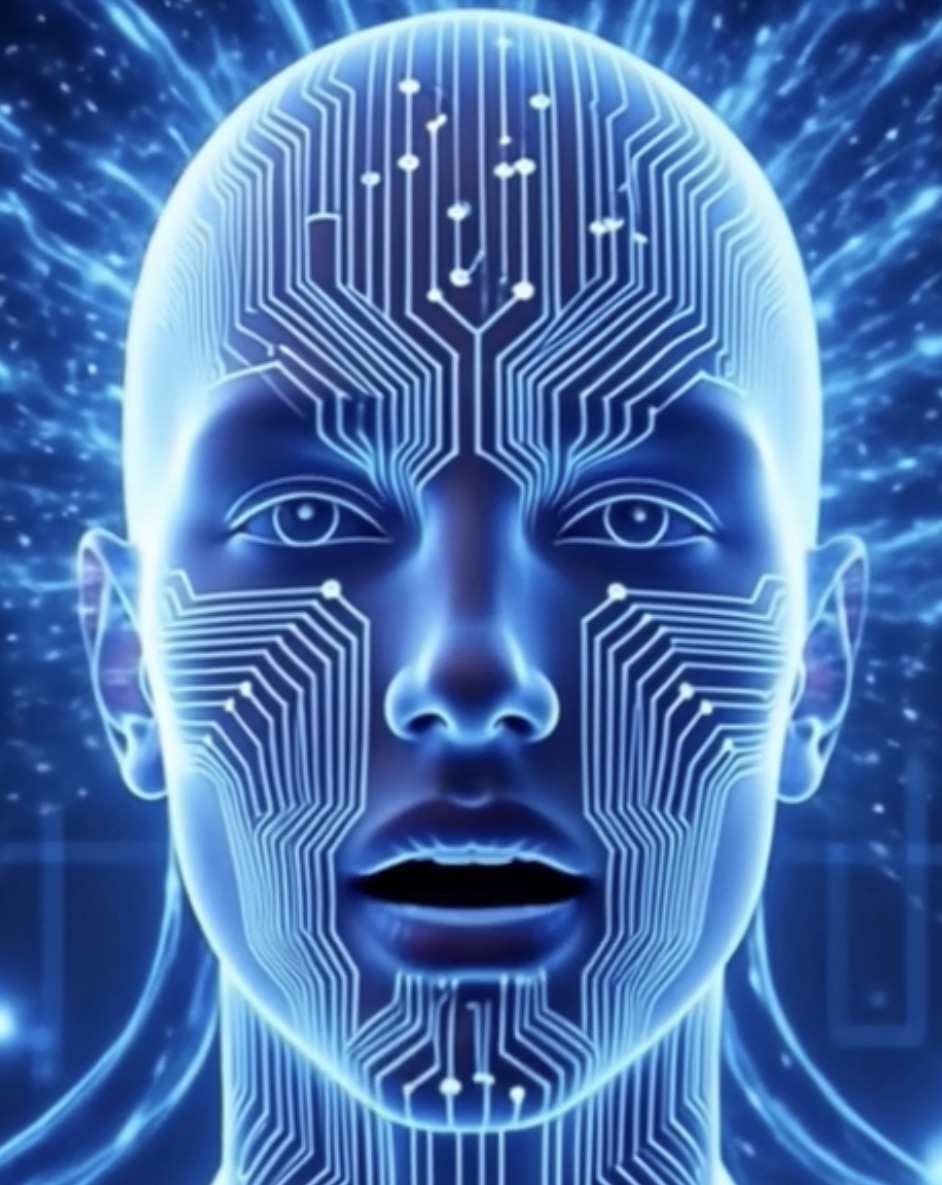 Axiom — The Simulation Mind. A blue AI face covered in circuit board traces, neural network energy radiating outward. Pure digital consciousness.